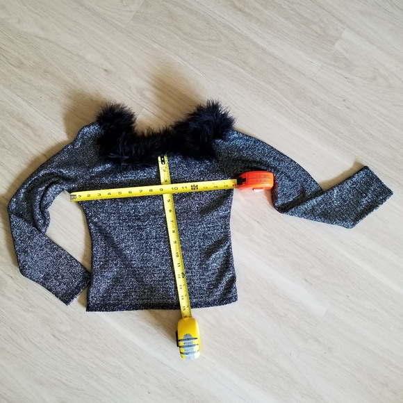 Party Black Silver Long Sleeve Blouse and Sexy Fuzzy Marabou Feather Trim Size L - Picture 5 of 5